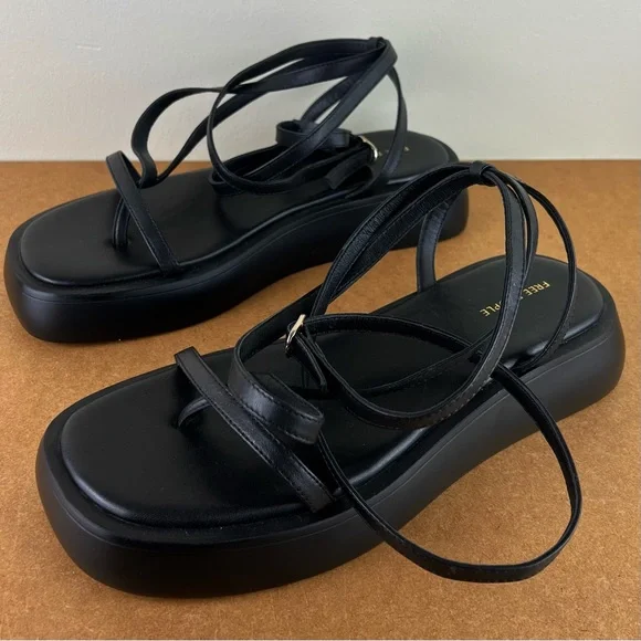 NEW FREE PEOPLE BLACK LEATHER STRAPPY PLATFORM SANDALS - Picture 8 of 13